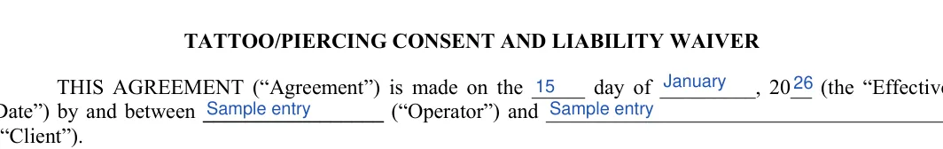 Tattoo Release: TATTOO/PIERCING CONSENT AND LIABILITY WAIVER, filled with sample entries