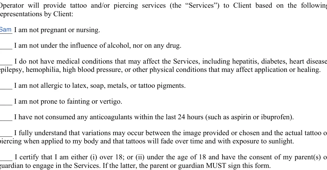 Tattoo Release: representations by Client, filled with sample entries