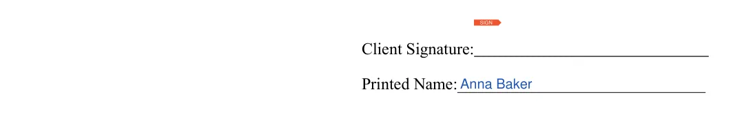 Tattoo Release: Client signature, Printed name, filled with sample entries