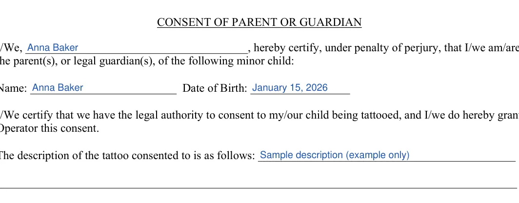 Tattoo Release: CONSENT OF PARENT OR GUARDIAN, filled with sample entries