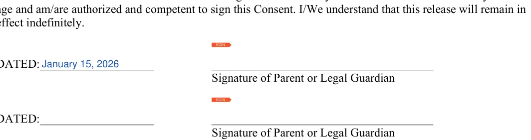 Tattoo Release: Dated, Signature of parent or legal guardian, filled with sample entries