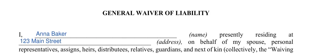 Liability Waiver: GENERAL WAIVER OF LIABILITY, filled with sample entries