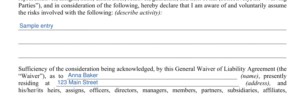 Liability Waiver: the risks involved with the following: (describe activity), filled with sample entries