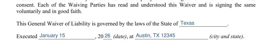 Liability Waiver: State, Date and more, filled with sample entries