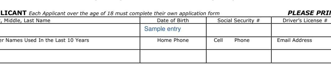 California California Rental Application: PLEASE PRINT, filled with sample entries