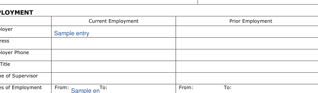California California Rental Application: EMPLOYMENT, filled with sample entries