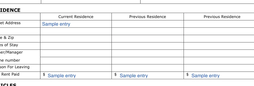 California California Rental Application: RESIDENCE, filled with sample entries