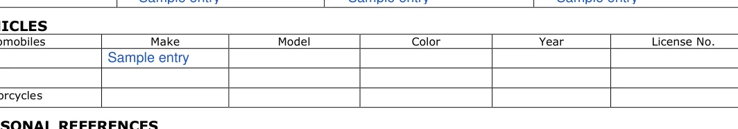 California California Rental Application: VEHICLES, filled with sample entries