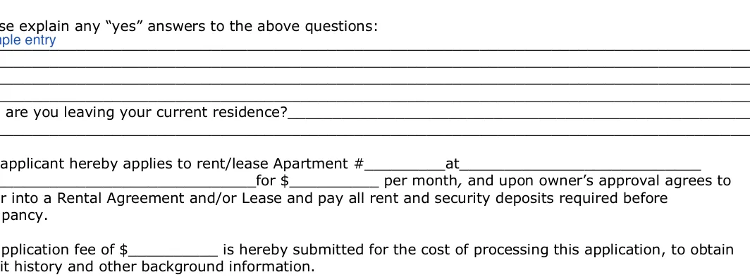 California California Rental Application: Please explain any “yes” answers to the above questions, filled with sample entries