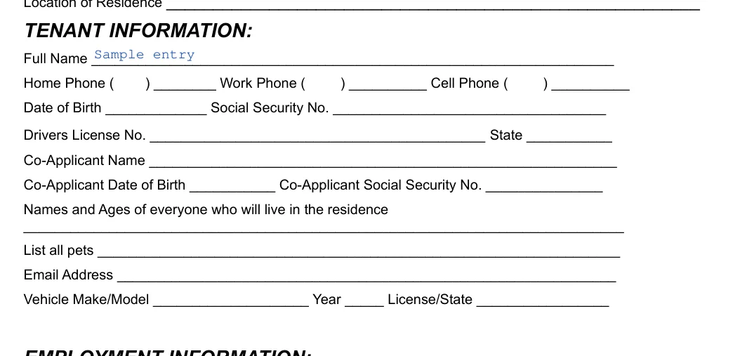 Florida Florida Rental Application: TENANT INFORMATION, filled with sample entries