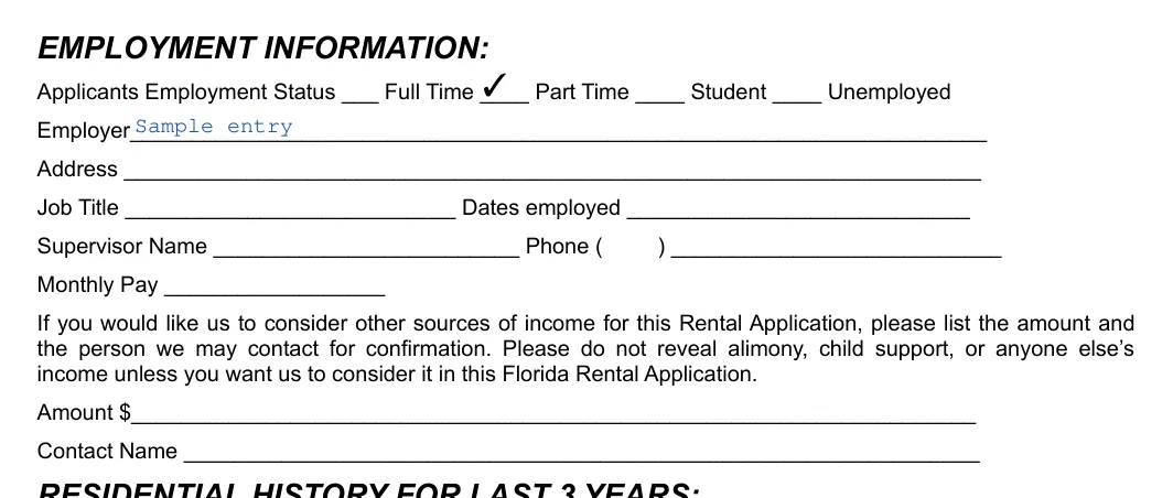 Florida Florida Rental Application: EMPLOYMENT INFORMATION, filled with sample entries