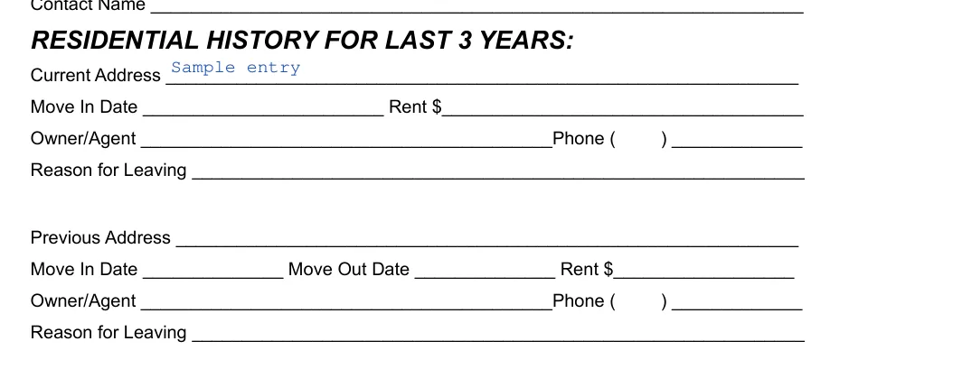 Florida Florida Rental Application: RESIDENTIAL HISTORY FOR LAST 3 YEARS, filled with sample entries