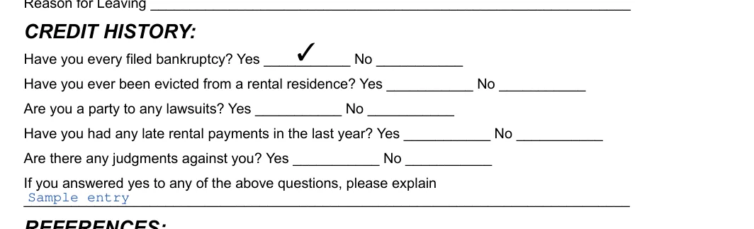 Florida Florida Rental Application: CREDIT HISTORY, filled with sample entries