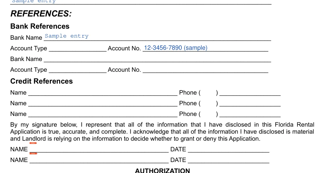 Florida Florida Rental Application: REFERENCES, filled with sample entries