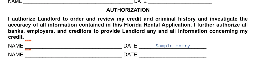 Florida Florida Rental Application: AUTHORIZATION, filled with sample entries