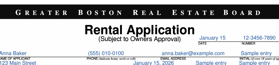 Massachusetts Massachusetts Rental Application: BOARD, filled with sample entries