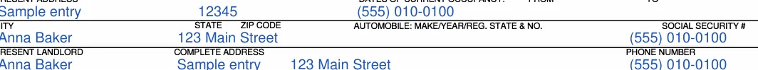 Massachusetts Massachusetts Rental Application: AUTOMOBILE: MAKE/YEAR/REG. STATE & NO, filled with sample entries