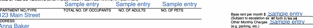 Massachusetts Massachusetts Rental Application: NO. OF ADUL TS, filled with sample entries