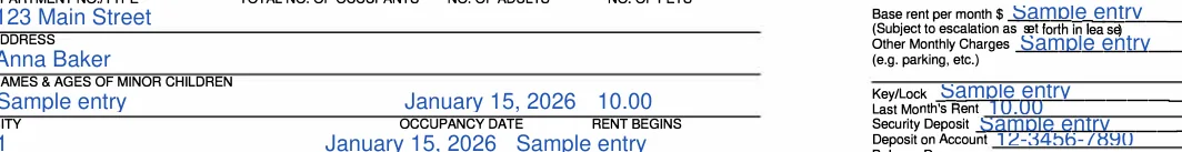 Massachusetts Massachusetts Rental Application: ADDRESS, filled with sample entries