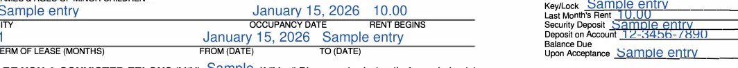 Massachusetts Massachusetts Rental Application: OCCUPANCY DATE, filled with sample entries