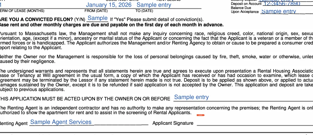 Massachusetts Massachusetts Rental Application: TERM OF LEASE (MONTHS), filled with sample entries