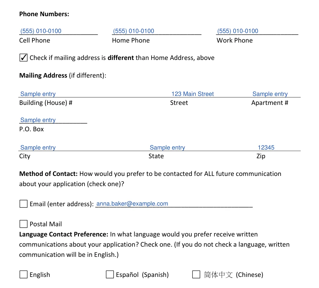 New York New York Rental Application: Phone Numbers, filled with sample entries