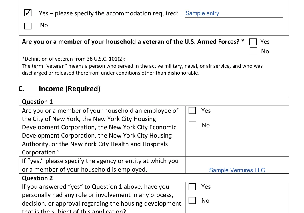 New York New York Rental Application: Yes – please specify the accommodation required, filled with sample entries