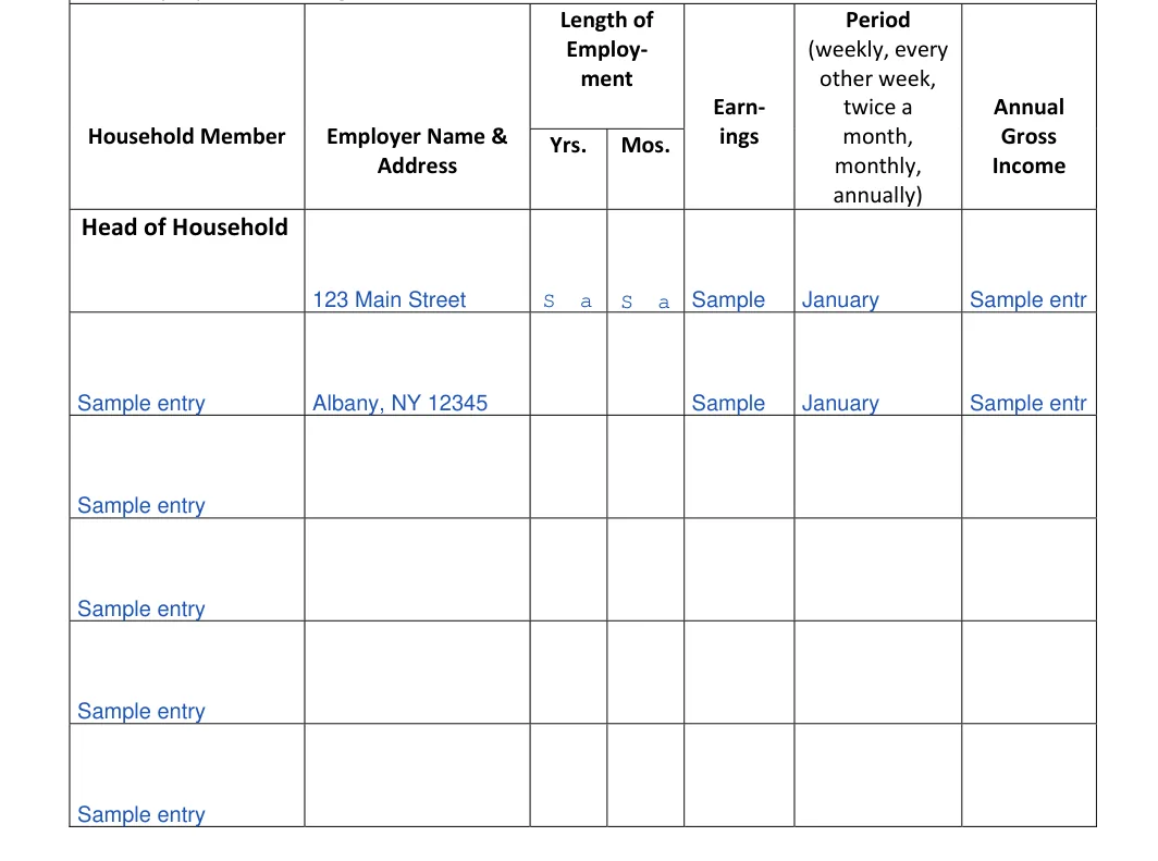 New York New York Rental Application: Yrs, Employer name  addresshead of household and more, filled with sample entries