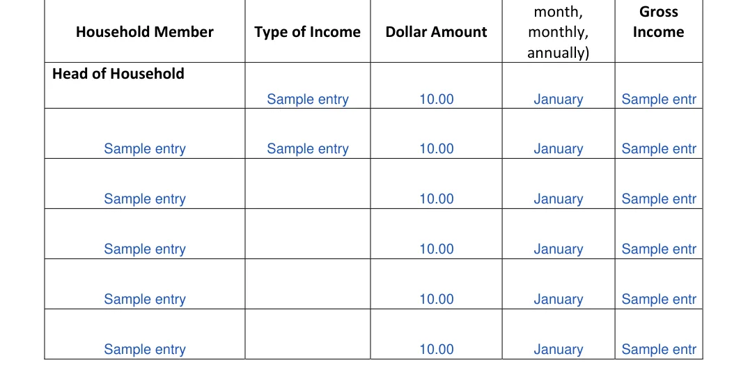 New York New York Rental Application: Type of incomehead of household, Dollar amounthead of household and more, filled with sample entries
