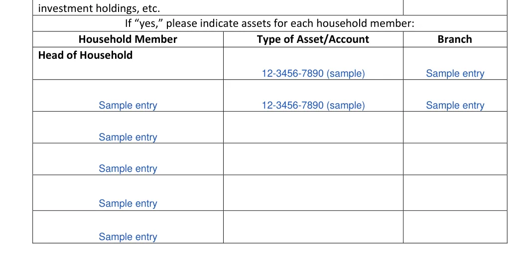 New York New York Rental Application: If “yes,” please indicate assets for each household member, filled with sample entries