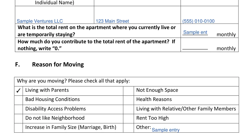 New York New York Rental Application: Why are you moving? Please check all that apply, filled with sample entries