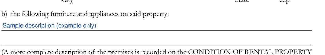 California California Sublease Agreement: b) the following furniture and appliances on said property, filled with sample entries
