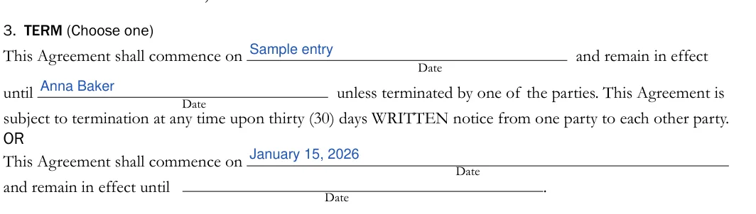California California Sublease Agreement: 3. TERM (Choose one), filled with sample entries