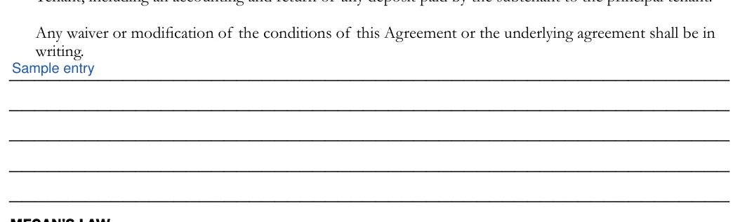 California California Sublease Agreement: Writing, filled with sample entries