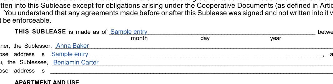 New York Sublease Agreement: This sublease is made as of, Owner the sublessor and more, filled with sample entries