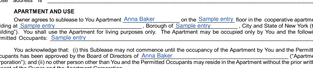 New York Sublease Agreement: APARTMENT AND USE, filled with sample entries