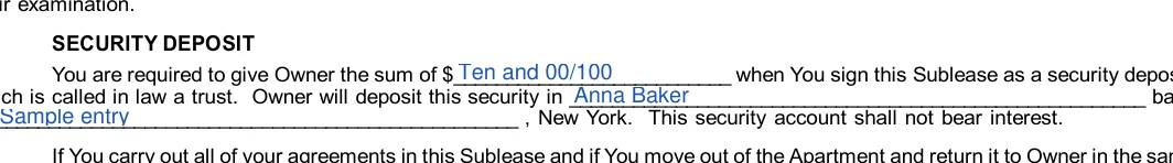 New York Sublease Agreement: SECURITY DEPOSIT, filled with sample entries