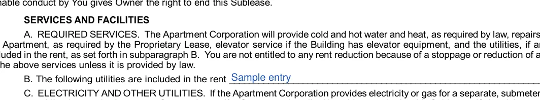 New York Sublease Agreement: SERVICES AND FACILITIES, filled with sample entries