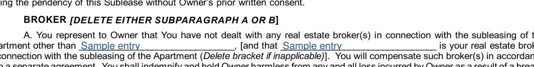 New York Sublease Agreement: BROKER [DELETE EITHER SUBPARAGRAPH A OR B ], filled with sample entries