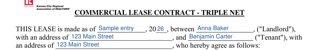 Florida commercial lease agreement: COMMERCIAL LEASE CONTRACT - TRIPLE NET, filled with sample entries