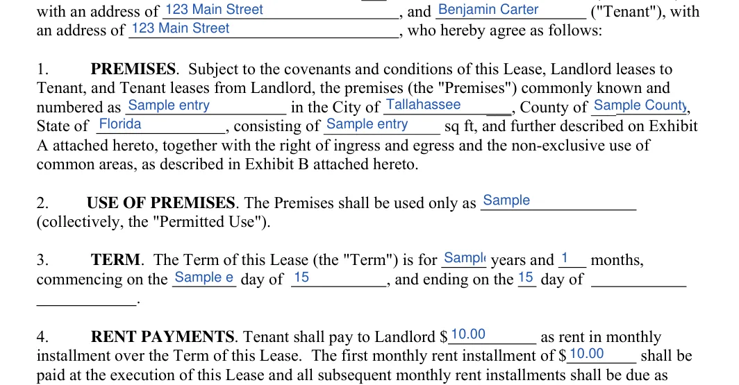 Florida commercial lease agreement: , who hereby agree as follows, filled with sample entries