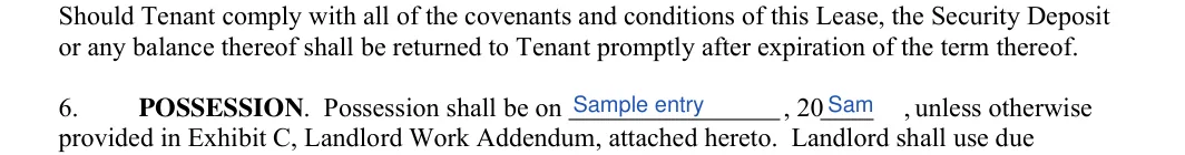 Florida commercial lease agreement: Possession possession shall be on, filled with sample entries