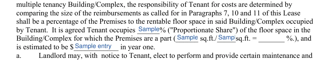Florida commercial lease agreement: Share, Sqft and more, filled with sample entries