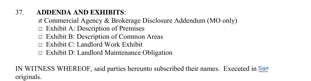 Florida commercial lease agreement: ADDENDA AND EXHIBITS, filled with sample entries