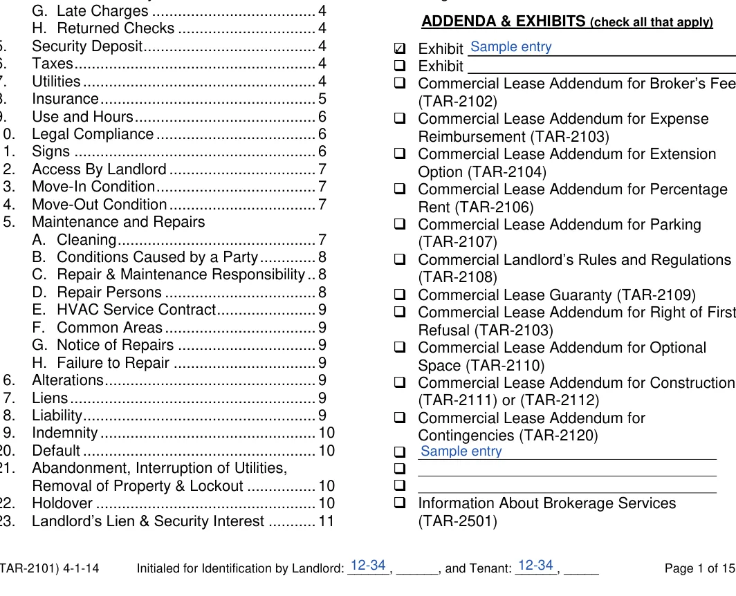 Texas commercial lease agreement form, step 1: Addenda, exhibits and page initials, filled with sample entries
