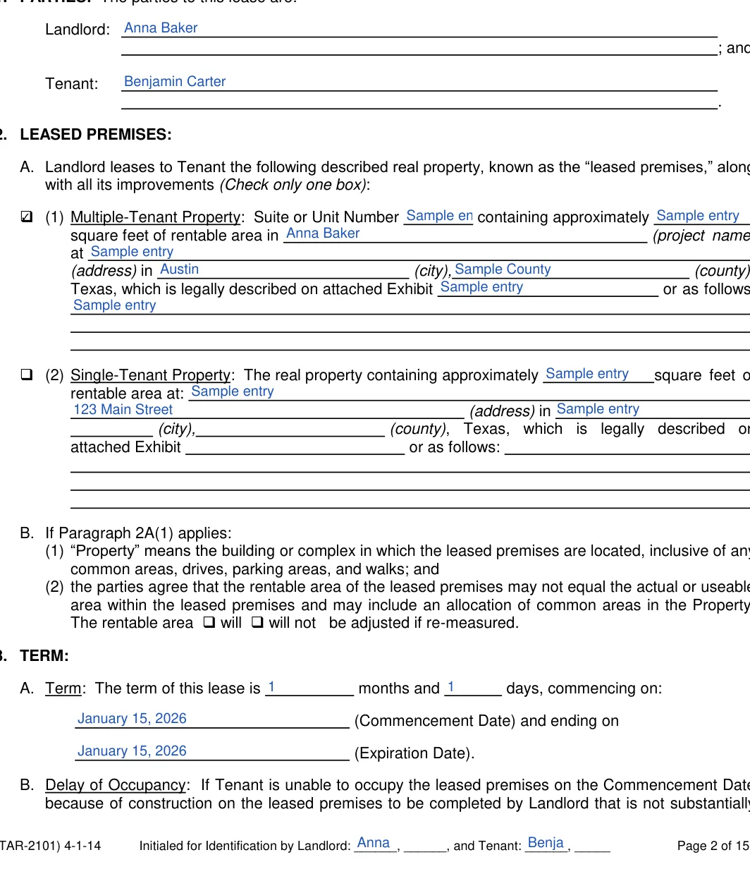 Texas commercial lease agreement form, step 2: Parties, Leased Premises and Term, filled with sample entries