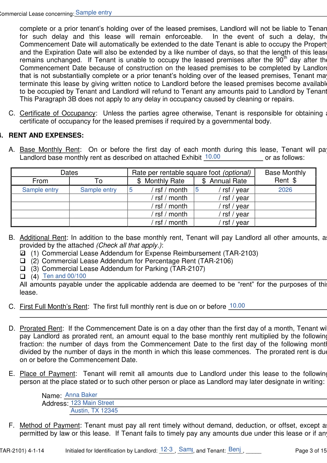 Texas commercial lease agreement form, step 3: Base monthly rent and additional rent, filled with sample entries