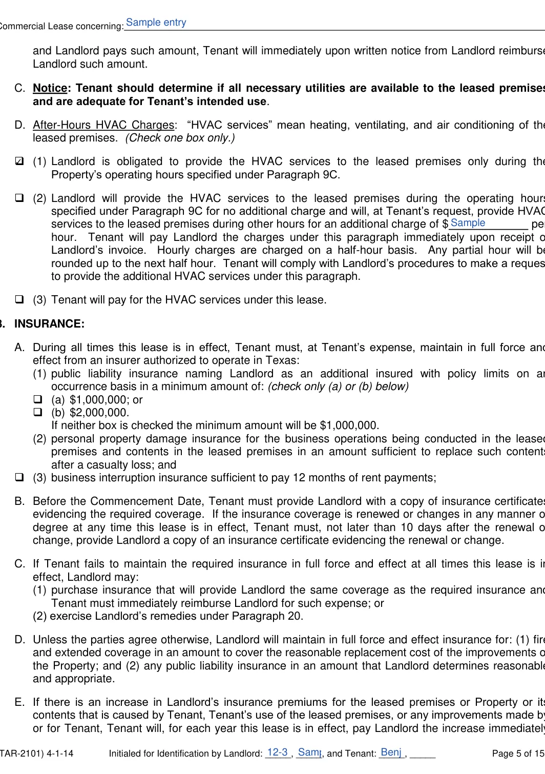 Texas commercial lease agreement form, step 5: After-hours HVAC and insurance, filled with sample entries