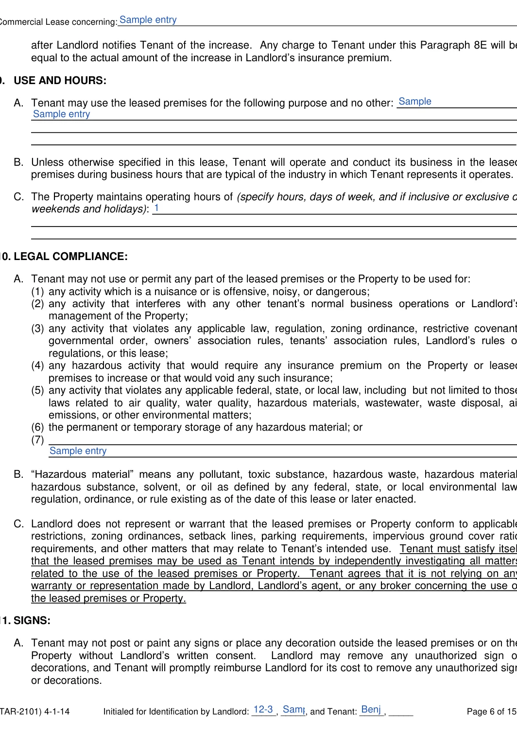 Texas commercial lease agreement form, step 6: Use and hours, filled with sample entries