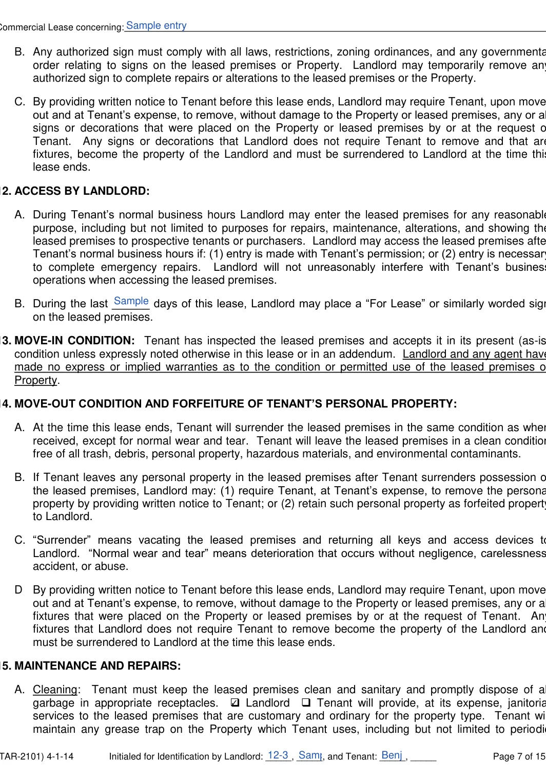 Texas commercial lease agreement form, step 7: For Lease sign days and janitorial services, filled with sample entries